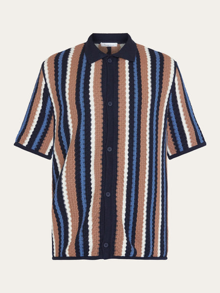 Knowledge Cotton Loose S/S Striped Knitted  Shirt - Blue Stripe
