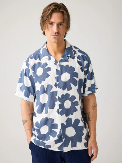 knowledge Cotton Apparel Linen Mix AOP Shirt - Blue