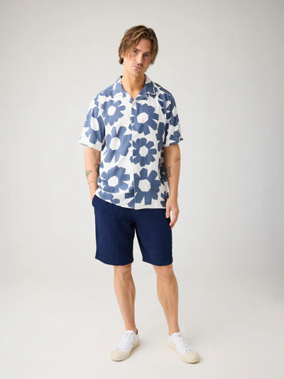knowledge Cotton Apparel Linen Mix AOP Shirt - Blue