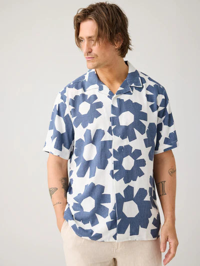 knowledge Cotton Apparel Linen Mix AOP Shirt - Blue