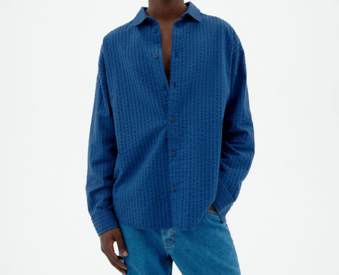Thinking Mu  Haru Seersucker Shirt - Blue