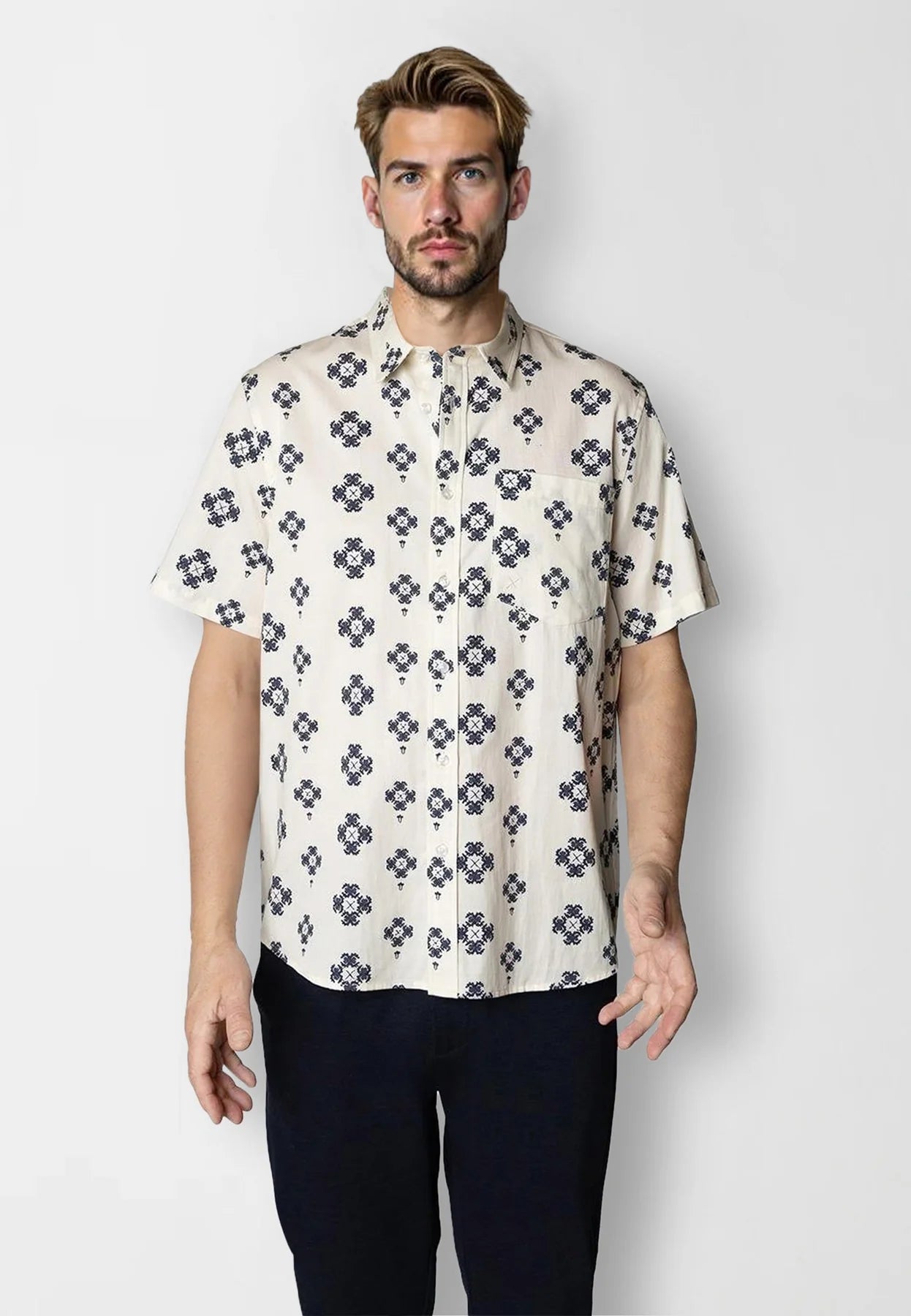 Clean Cut Copenhagen S/S Tommy Shirt - Ecru/Navy