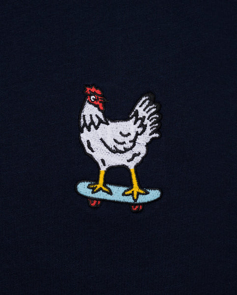 Varanacci Chicken on a Skateboard Embroidered Organic Tee - French Navy