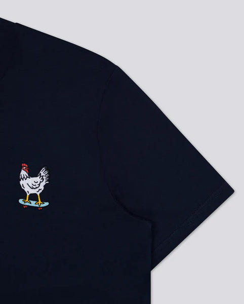 Varanacci Chicken on a Skateboard Embroidered Organic Tee - French Navy