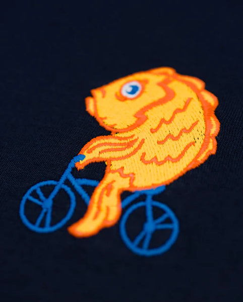Varanacci Fish On A Bike Embroidered Organic Tee - French Navy