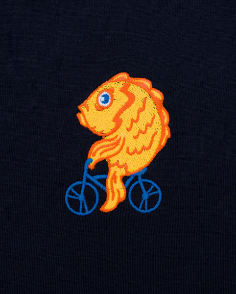 Varanacci Fish On A Bike Embroidered Organic Tee - French Navy