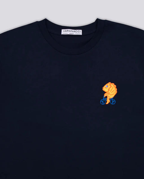 Varanacci Fish On A Bike Embroidered Organic Tee - French Navy