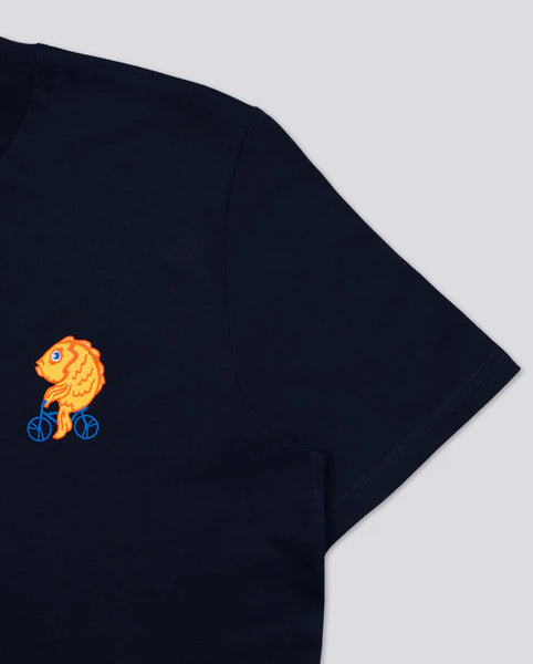 Varanacci Fish On A Bike Embroidered Organic Tee - French Navy
