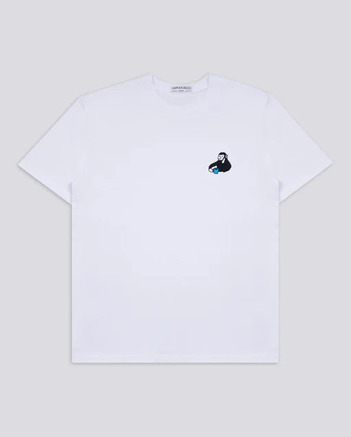 Varanacci Monkey Drinking Tea Embroidered Organic Tee - White