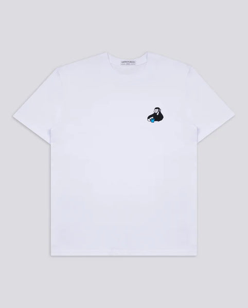 Varanacci Monkey Drinking Tea Embroidered Organic Tee - White