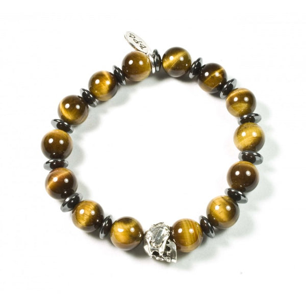 Black Pearl Creations Bracelet - Tiger Eye Shiny And Patinated Pewter Skull
