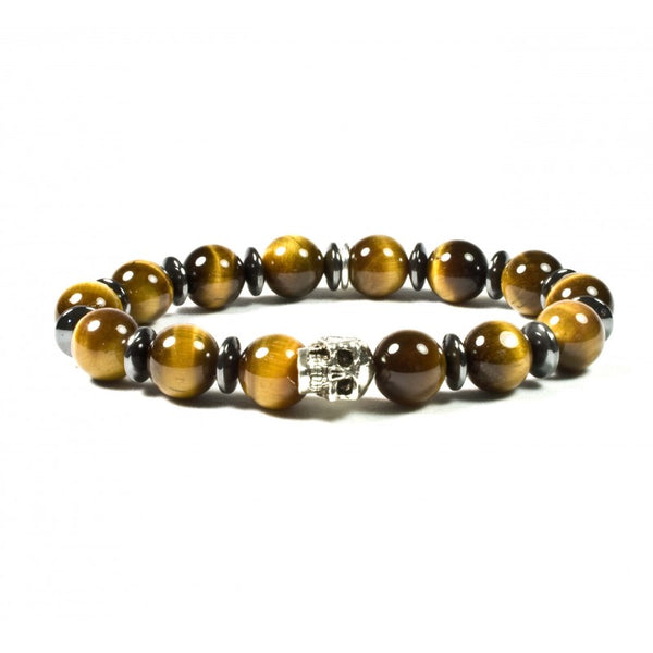 Black Pearl Creations Bracelet - Tiger Eye Shiny And Patinated Pewter Skull