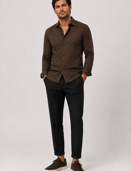 Clean Cut Copenhagen Emil AOP L/S Shirt - Dark Brown/Ecru