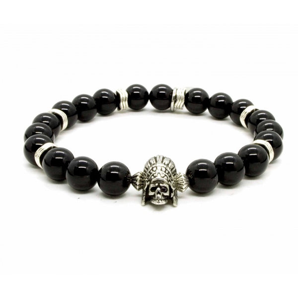 Black Pearl Creations Glossy Black Onyx and Indian Skull Bracelet