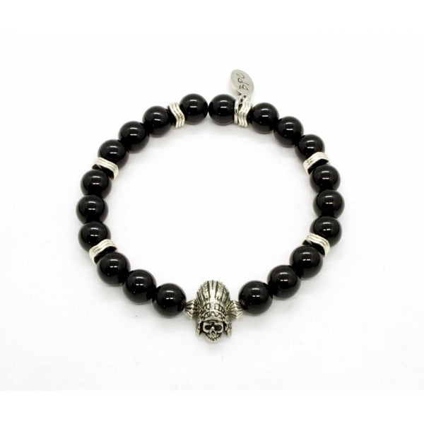 Black Pearl Creations Glossy Black Onyx and Indian Skull Bracelet