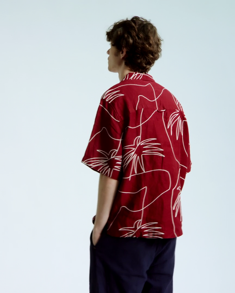 Far Afield Palm Embroidery Veloso  Linen S/S Shirt - Red