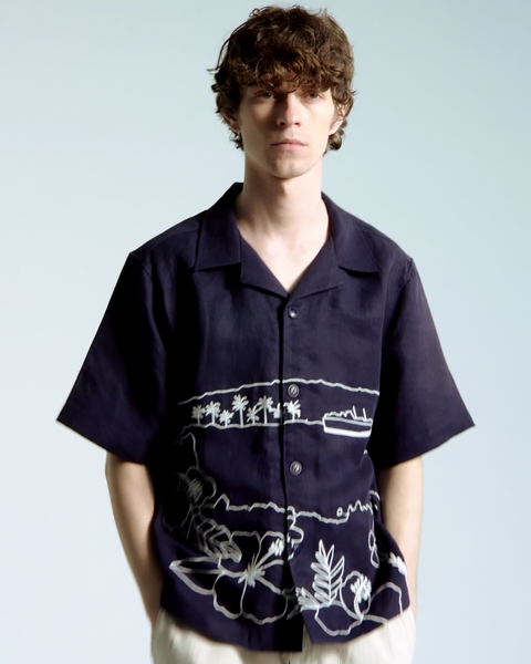 Far Afield Veloso Landscape Linen S/S Shirt - Navy
